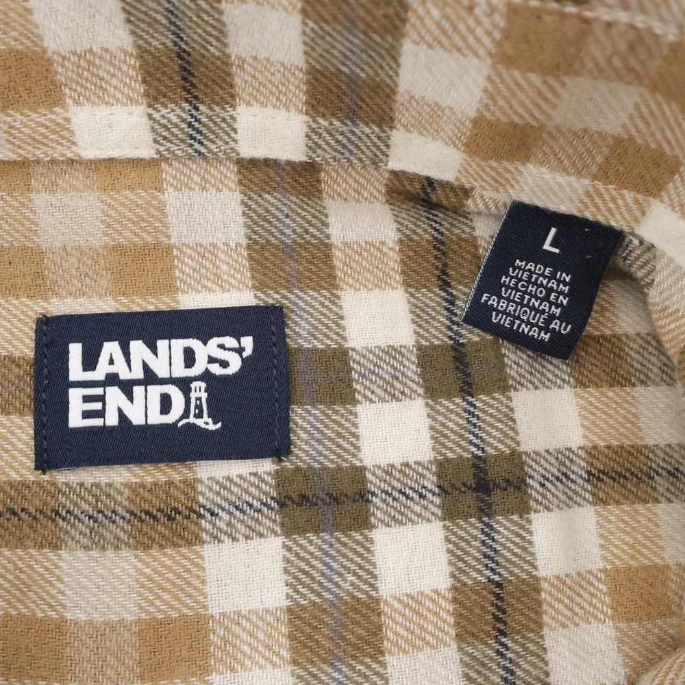 NEW Lands' End Plaid Flannel Shirt Tan Long Sleeve Mens L